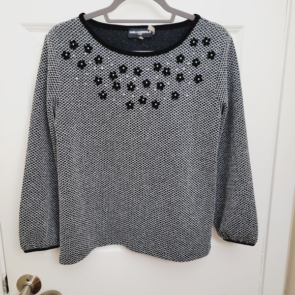 KARL LAGERFELD PARIS Tweed pearl and floral necklace details sweater - Picture 2 of 10